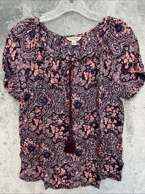 Lucky Brand small Pink and Navy Paisley Peasant Blouse short sleeve